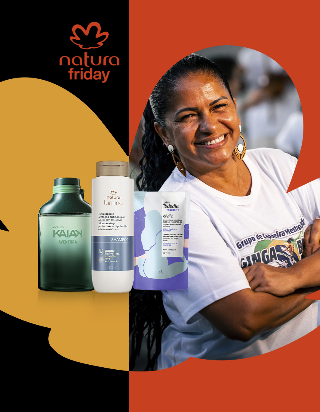 Produtos Natura e consultora sorrindo
